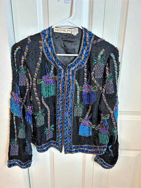 Scala Jackets & Blazers - Vintage Scala Beaded Silk Jacket Black Multicolor Embellished Evening Blazer